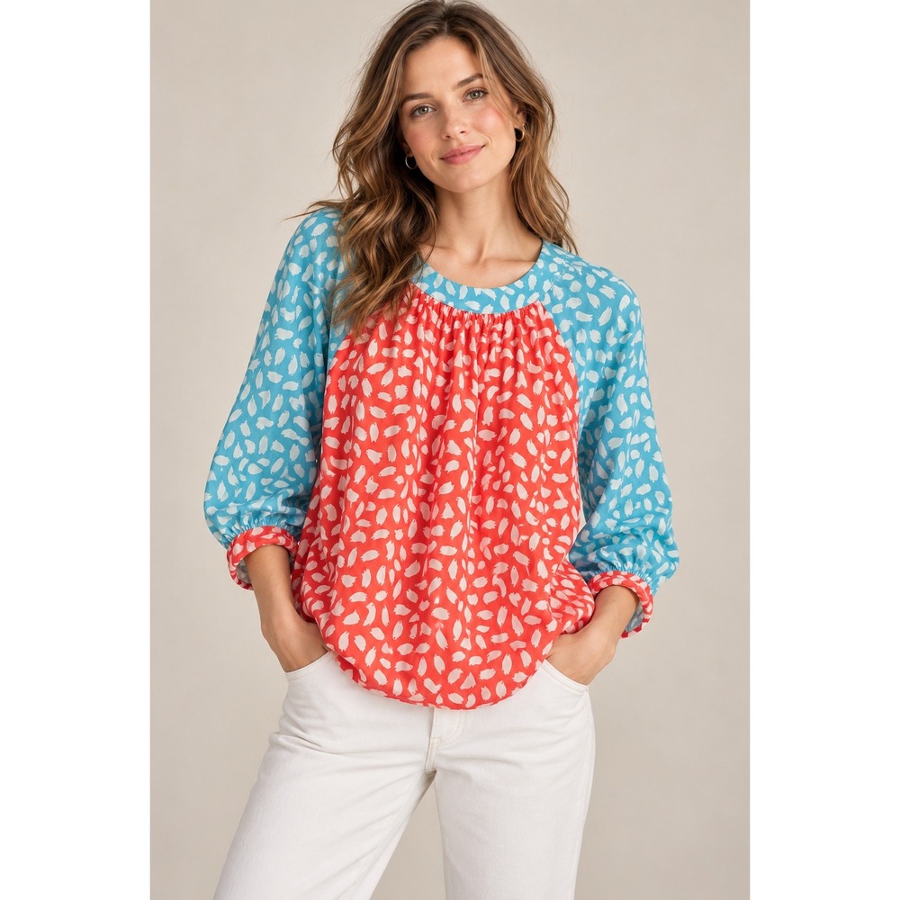 Boden Womens Red Blue Colorblock Brushstroke Print Raglan Blouse Size US 12